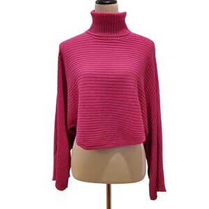 PINK ROSE SZ S Bright Pink Relaxed Ribbed Knit Cropped Turtleneck Sweater